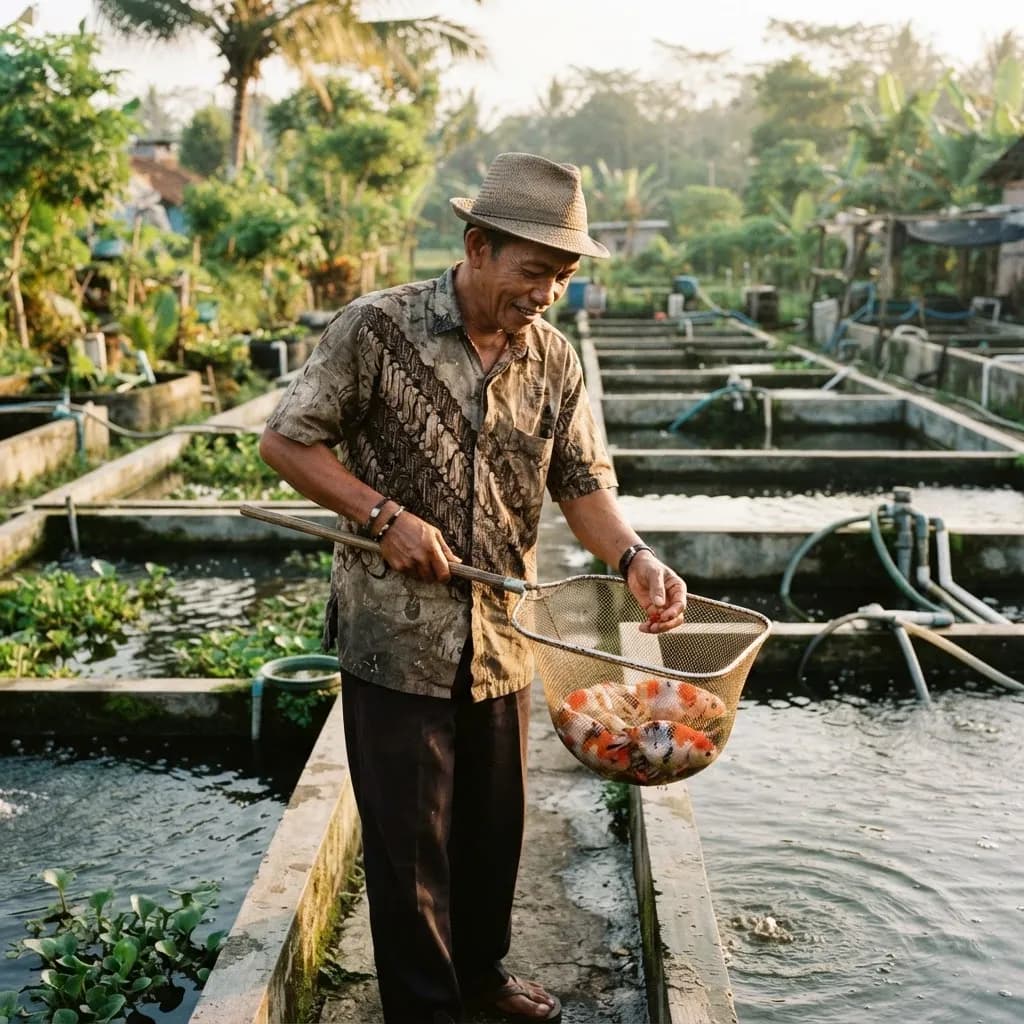 Goldfish breeder inspecting fish
